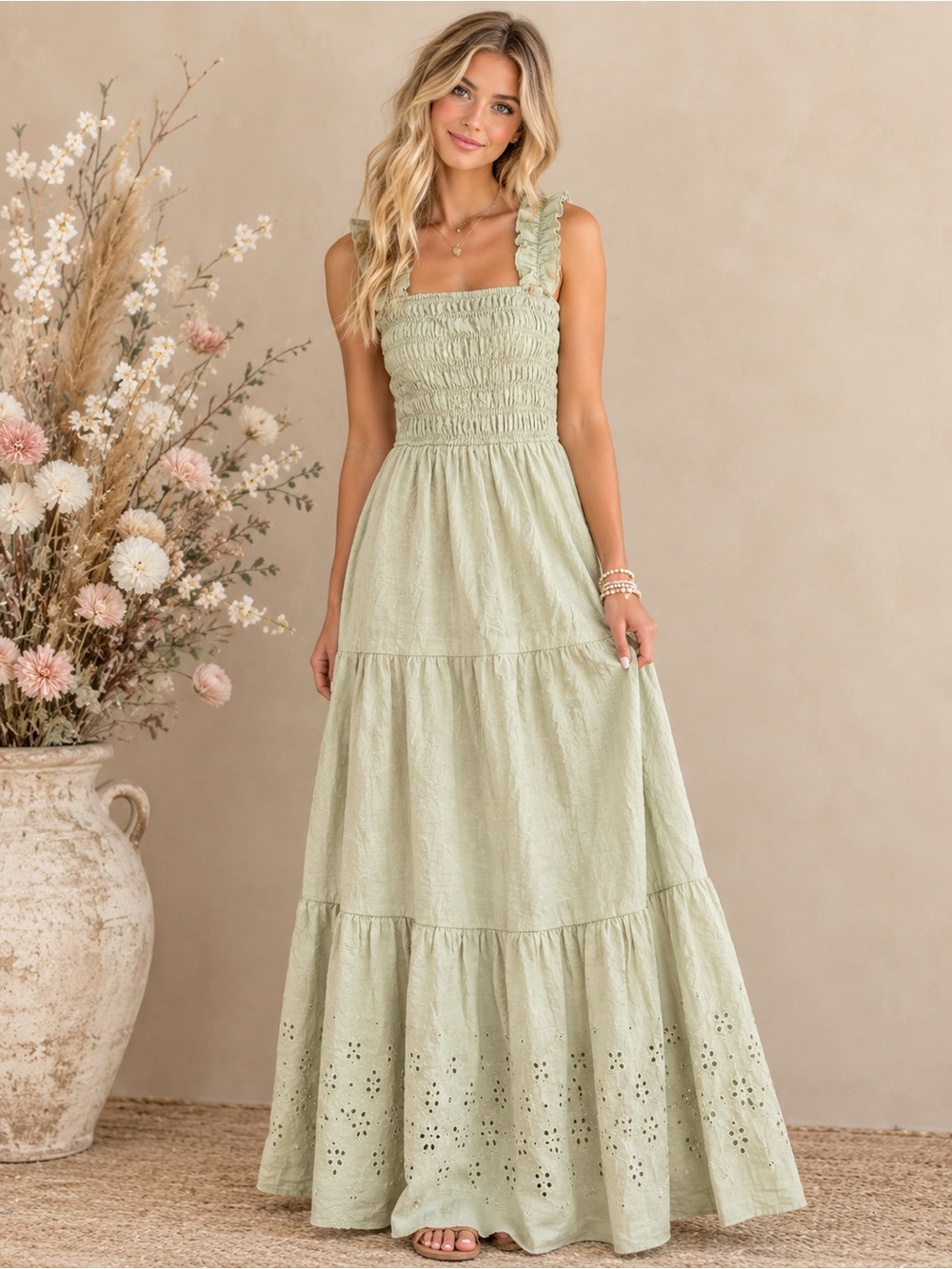 By the River Anthropologie embroi Smocked Ruffle Strap Maxi Dress - Sage Green